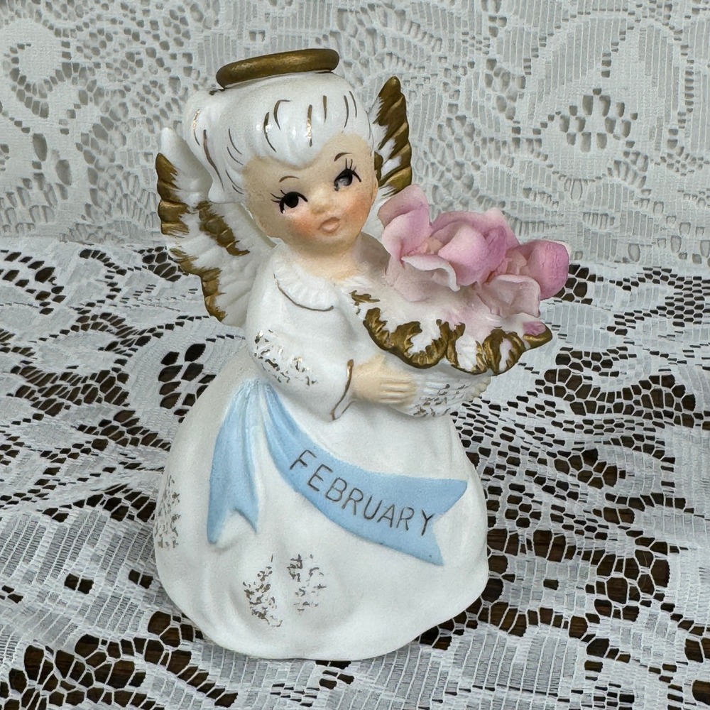Vintage Lefton February Birthday Angel Figurine Pink Roses Japan 3332 Celestial